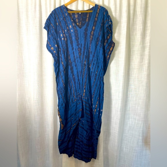 Blue and Brown Tie Dye Kaftan 100% Rayon One Size - Picture 1 of 5